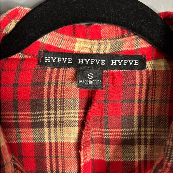 Hyfve Red Plaid Flannel Button Front Blouse With Peplum Design Size Small - Picture 4 of 7